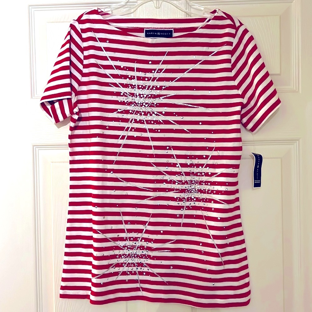 Red and white top.